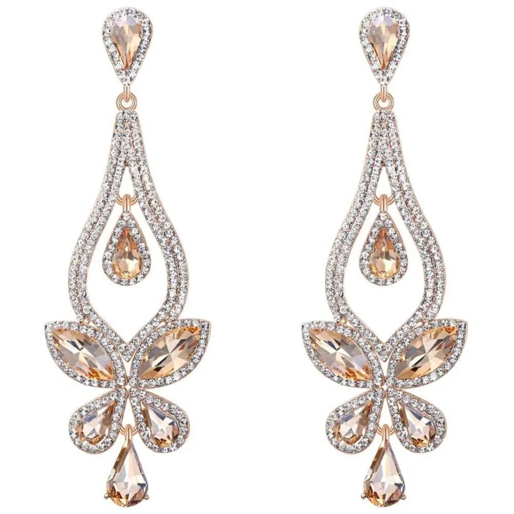 Yellow Gold with Champagne and Diamond Crystal Butterfly Chandelier Earrings